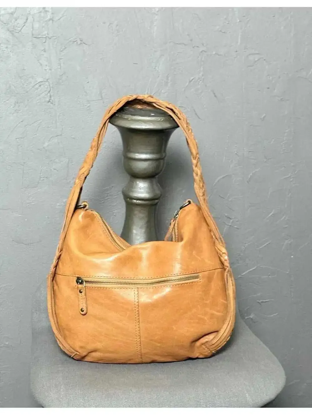 Golden Tan Leather Hobo Bag Woven Leather Handle + Removeable Crossbody Strap